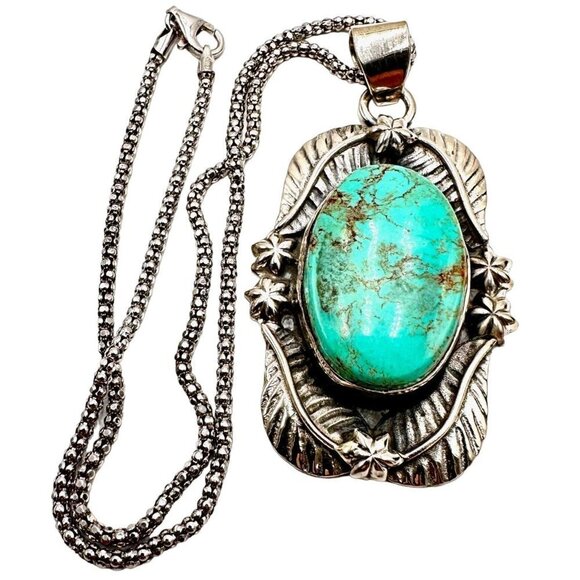 Blue Turquoise Brown Matrix 925 Sterling Silver Pendant 16" Necklace 30 Grams - Picture 2 of 8